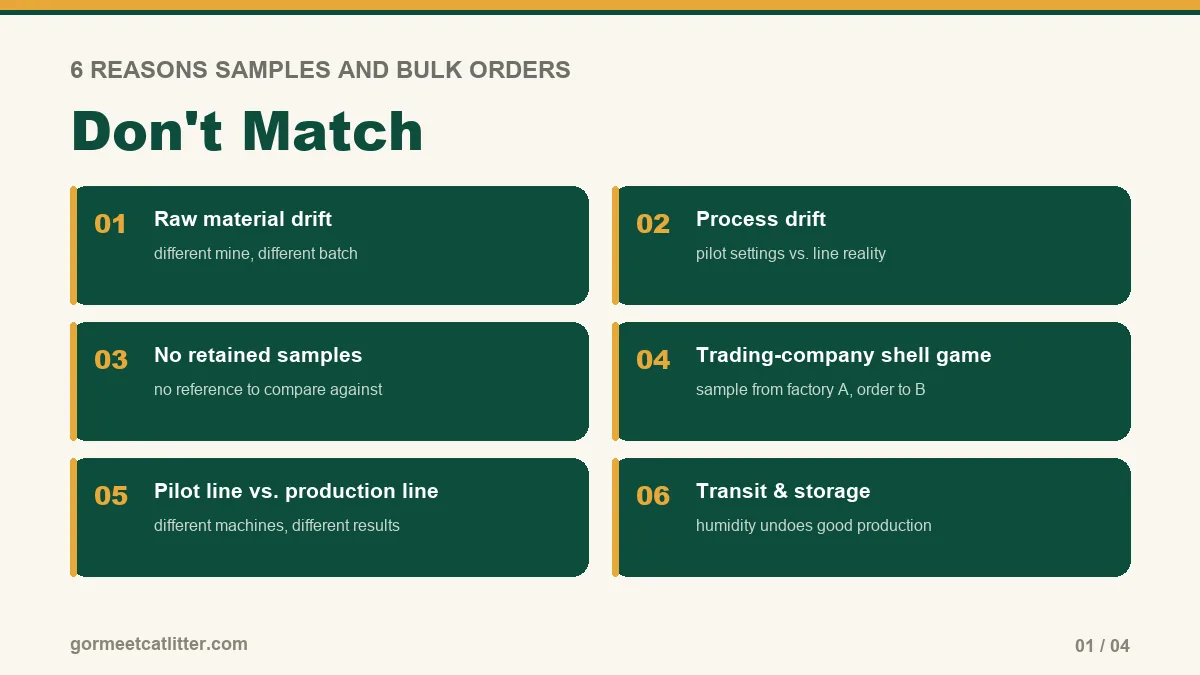 Infographic listing the six root causes of sample-to-bulk mismatch in cat litter sourcing