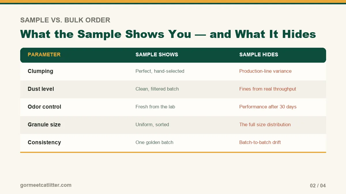 Comparison table of five cat litter parameters showing what a sample reveals versus what it hides