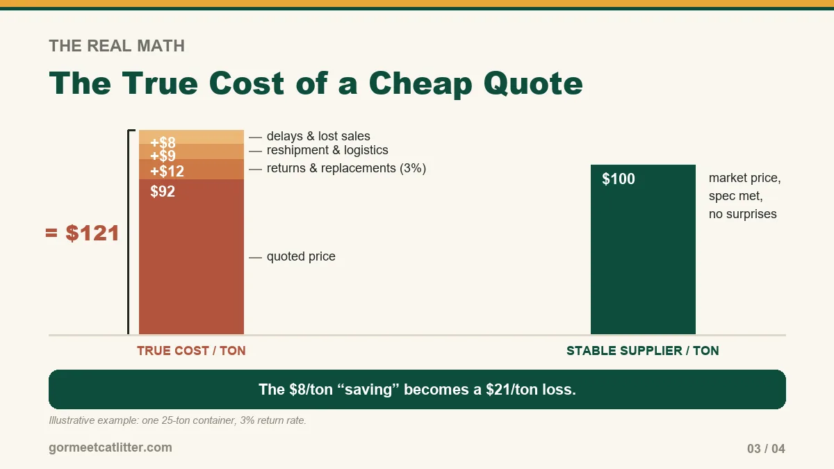 Stacked bar chart showing a 92 dollar quote plus returns, reshipment and delay costs adding up to 121 dollars true cost per ton, versus a stable supplier at 100 dollars