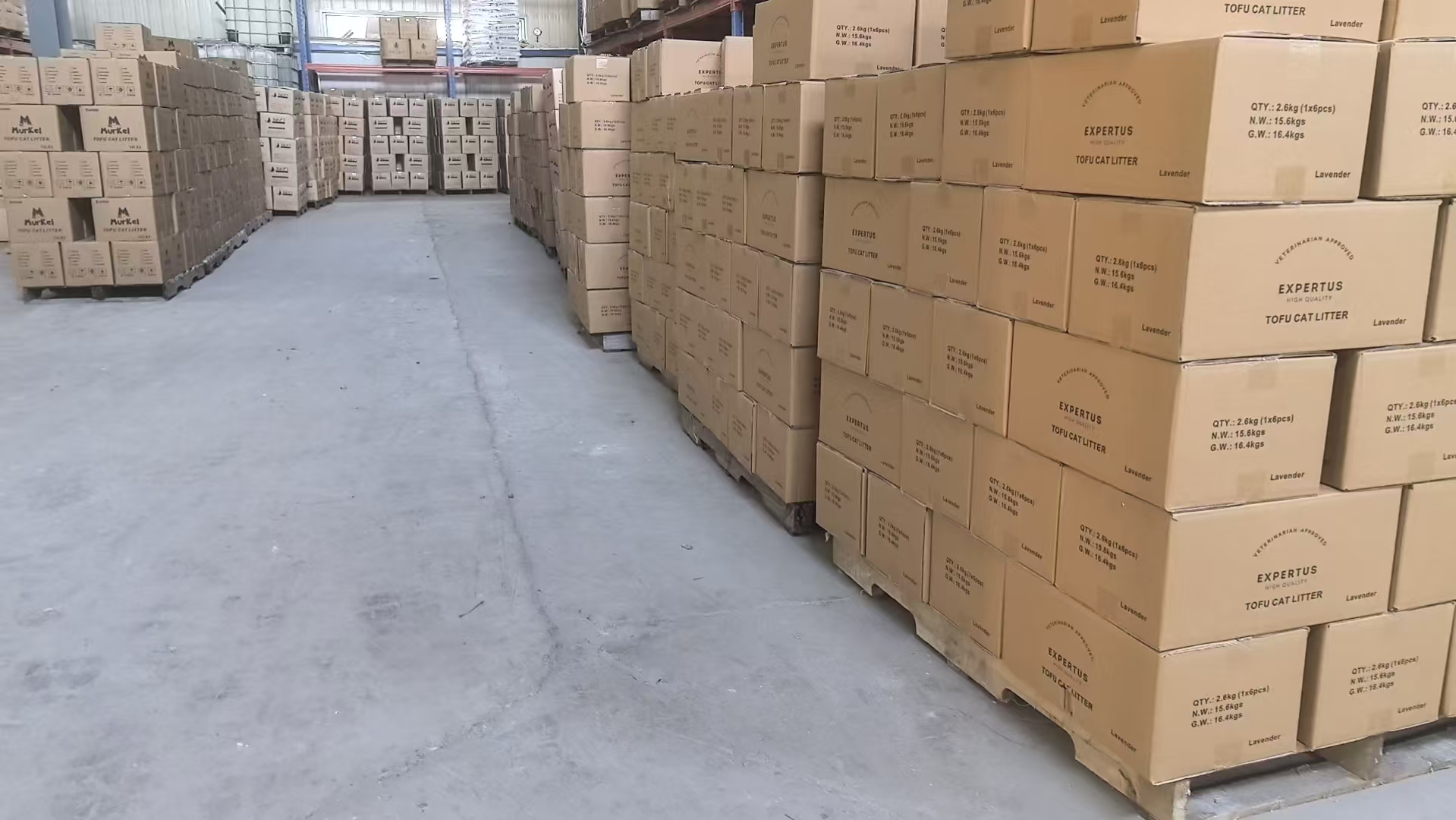 Finished cat litter products stacked in warehouse