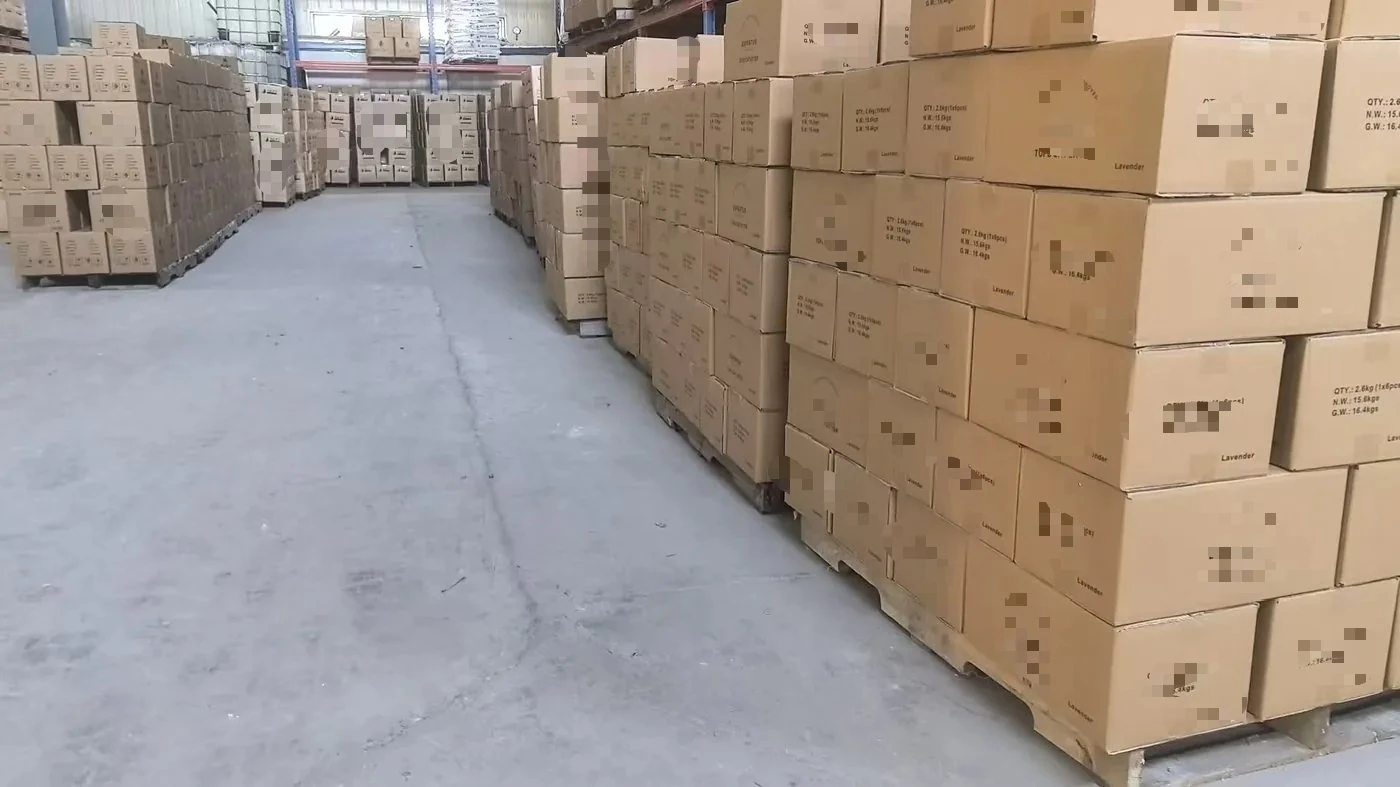 Finished cat litter products stacked in warehouse