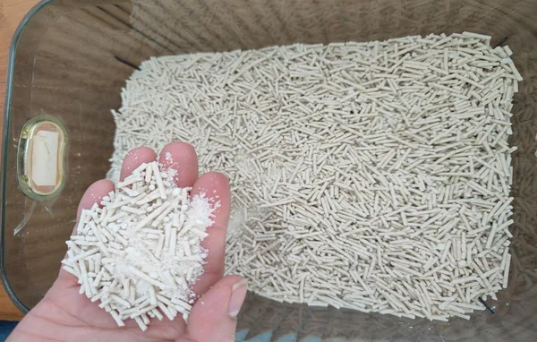 Tofu-Cassava Mixed Cat Litter - fine plant-based granules in hand and tray
